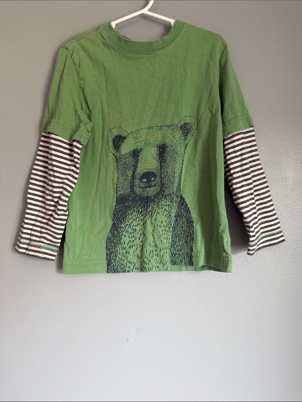 Hannah Andersson Boys Green Bear Layered Long Sleeve Graphic 100% Cotton T-Shirt